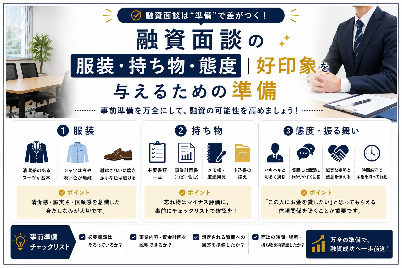 融資面談の服装・持ち物・態度|好印象を与えるための準備